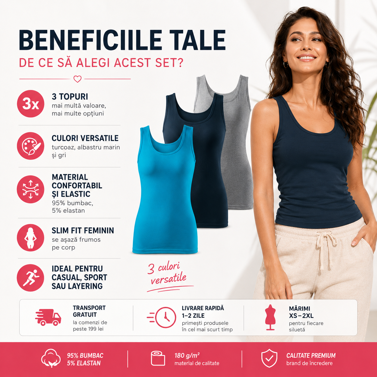 Set topuri damă fără m&acirc;neci turcoaz albastru marin purpuriu bumbac elastan slim fit